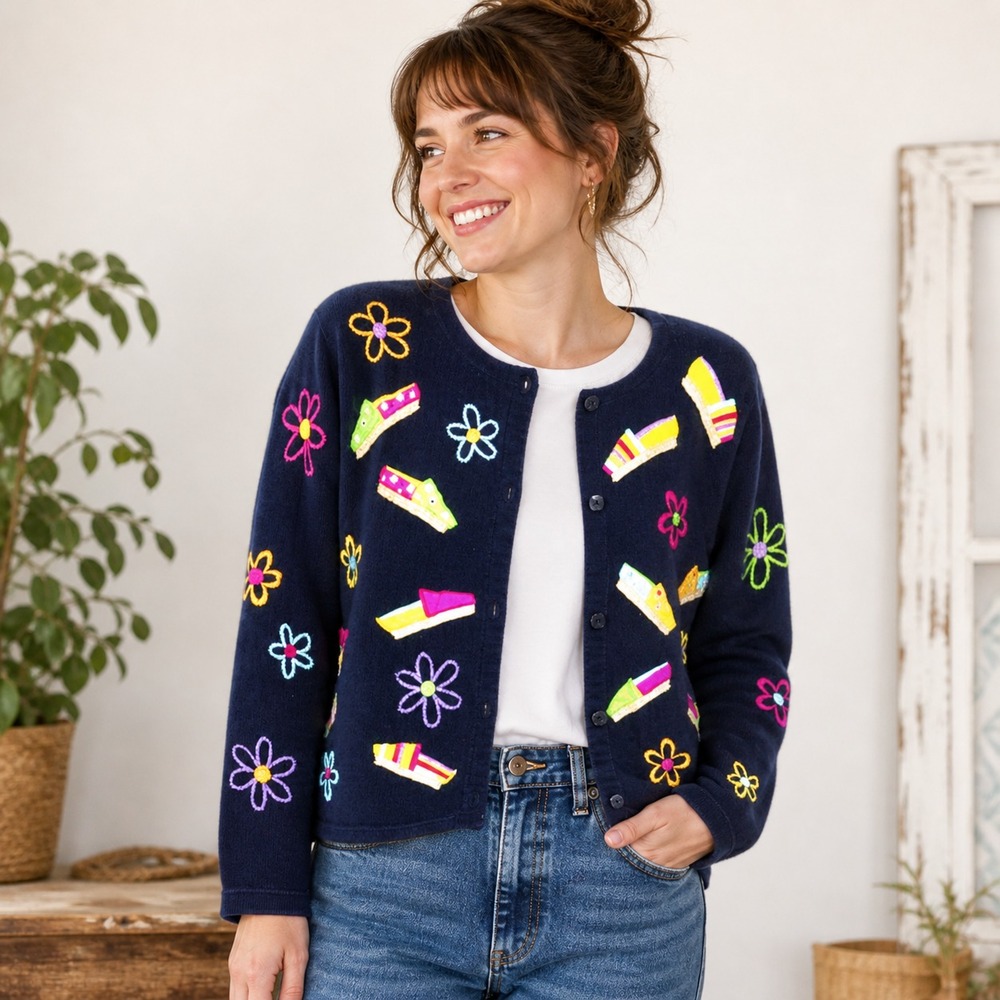 Michael Simon Vintage Cardigan Sweater Womens L Cropped Cotton Embroidered Shoes